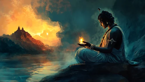 Meditative deity with hand-held flame beside reflective river