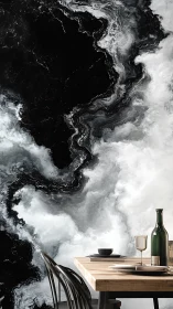 Celestial marble storm frames a serene modern dining table.