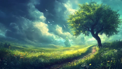 Sunlit meadow path under dramatic storm clouds.