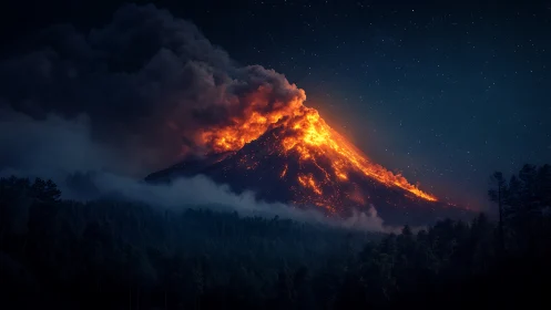 Active Volcanic Eruption with Lava Flows at Night.