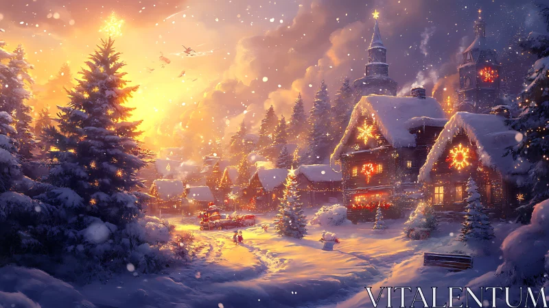 Snow-laden alpine village at sunset with festive lighting effects