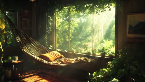 Sunlit hammock sanctuary in a cozy plant filled window nook.