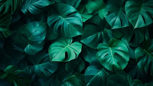 Layered monstera foliage rendered with high-gloss photoreal detail