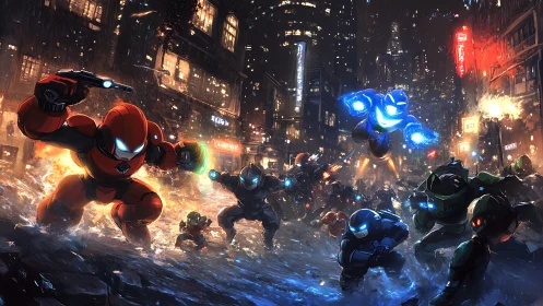 Armored fireteams crash through neon city storms at war.