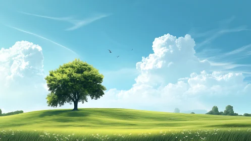 Solitary deciduous tree on open green meadow under sky.