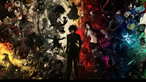 Color-split heroes stand amid swirling chaos and legend