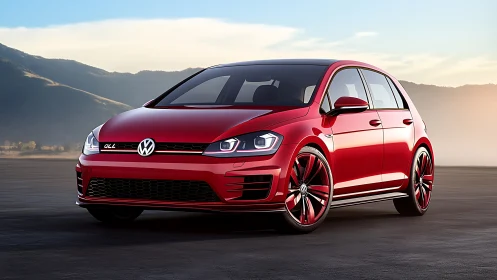 Red hot hatchback sports car in sunset mountain landscape.