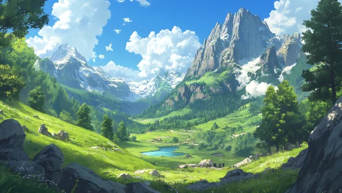 Sunlit mountain valley where quiet meadows meet the sky.