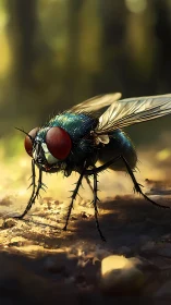 Macro view shows detailed housefly on sunlit forest floor