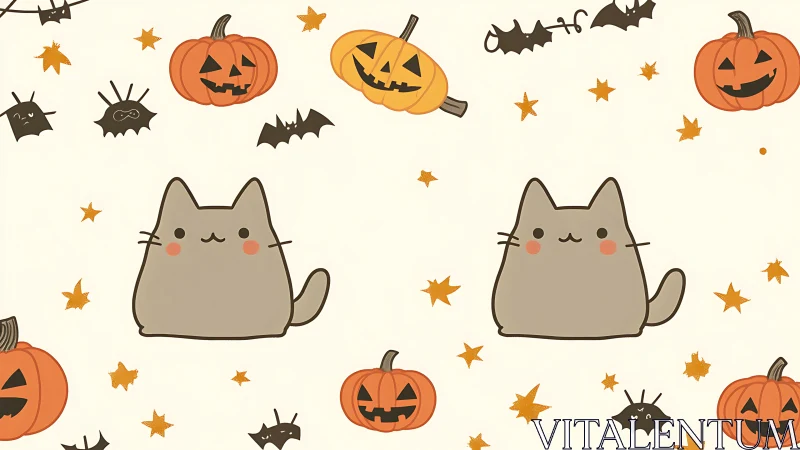 Halloween Pattern with Anthropomorphic Feline Characters and Jack-o'-Lantern Motifs