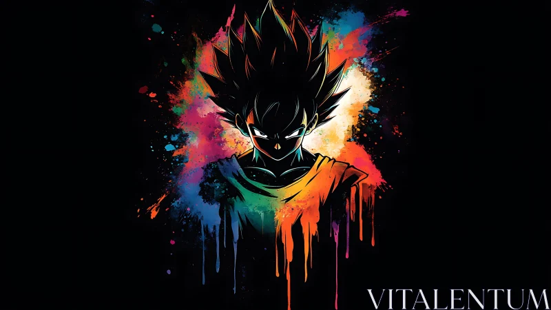 Neon anime warrior emerges from splattered cosmic colors