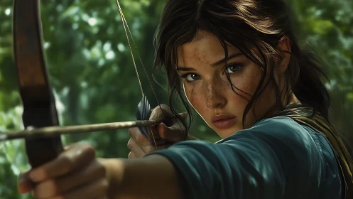 Freckled young archer drawing recurve bow in forest light