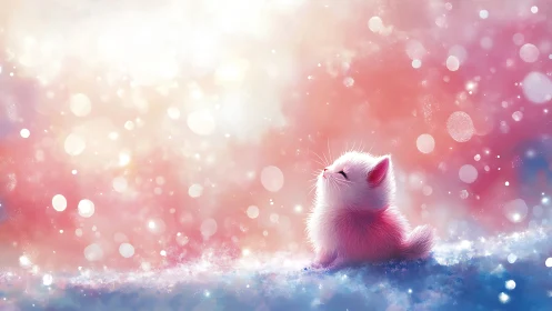 Fluffy pastel kitten under glowing bokeh sky in snowfield.