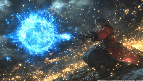 Mage channels volatile blue energy sphere amid scorched terrain