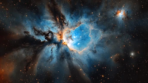 Blue stellar nebula glows through dark interstellar dust.