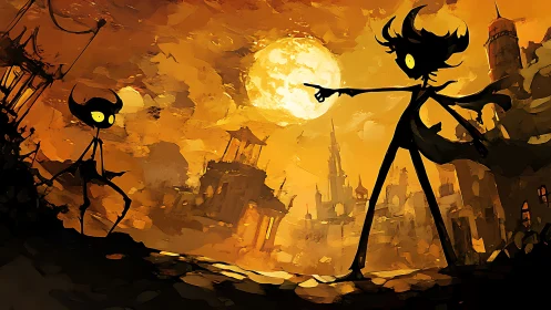 Shadow figures confront under burning orange moonlit sky.