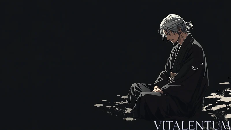 Silent ronin folds his regrets into moonlit meditation