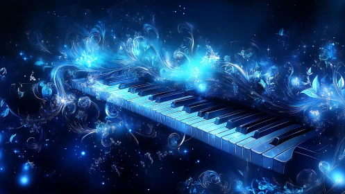 Glowing blue piano keys with swirling magical light effects.