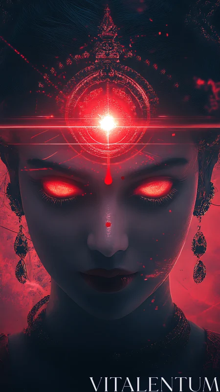 Dark goddess portrait with glowing red third eye power
