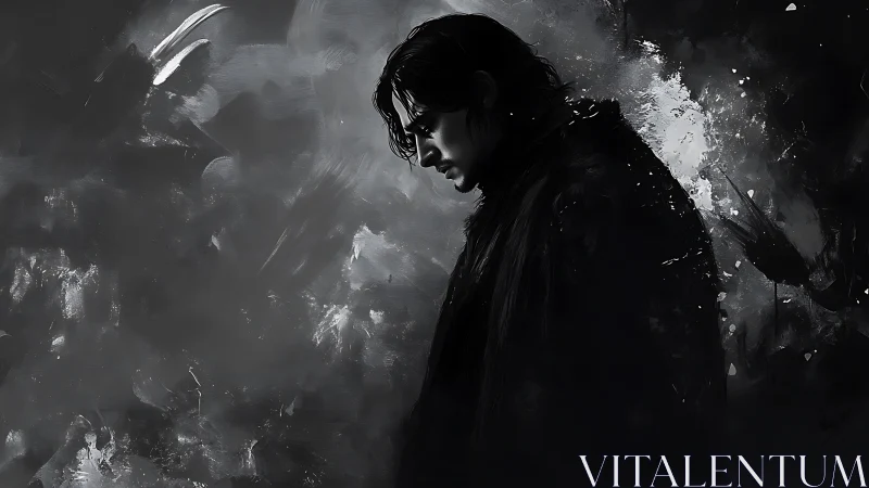 Solitary figure stands in stark monochrome abstraction.