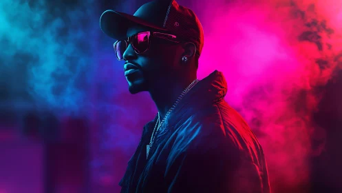Cool-toned neon portrait of man in cap and jacket.