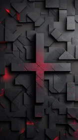 Geometric relief cross forms emerge from dark tiled surface