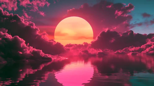Hyperreal magenta sunset sphere behind clouds over calm water