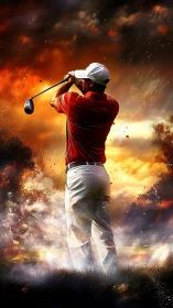 Golfer swinging under dramatic stormy sky on course.