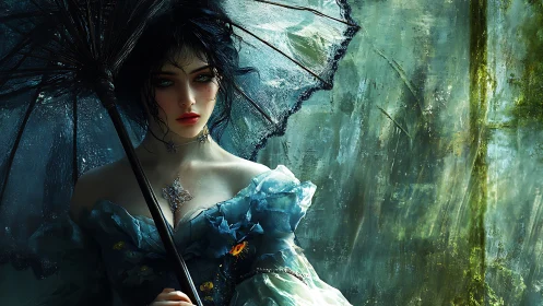 Ethereal woman beneath lace parasol in verdant rainstorm.