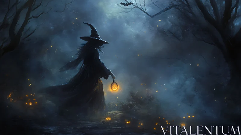 Witch in foggy forest holding glowing pumpkin lantern.