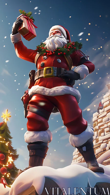 Heroic stylized Santa holds gift aloft in high-contrast 3D render