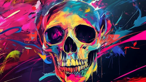 Color saturated skull illustration dominates abstract canvas
