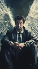 Winged male figure seated in dark coat and tie indoors.