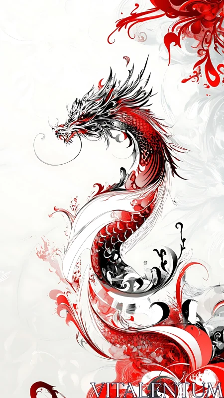 Crimson ink dragon coils upward through swirling ivory storms