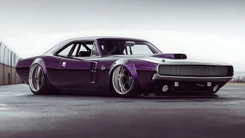 Low-slung purple muscle car with wide-body stance on track.