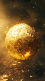 Suspended textured golden sphere in diffuse glowing field.