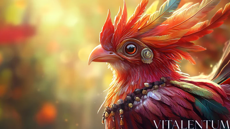 Vibrant Fantasy Bird Portrait with Ornate Feathers and Warm Light.