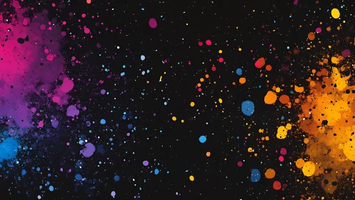 Multicolored paint splatter on black background surface.