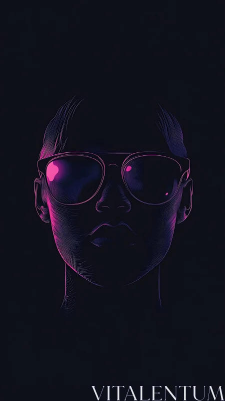 Neon-lined portrait of sunglasses wearer in dark void.