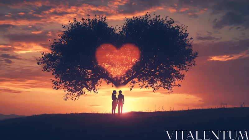 Digital Composite: Silhouetted Couple Under Heart-Shaped Tree at Sunset