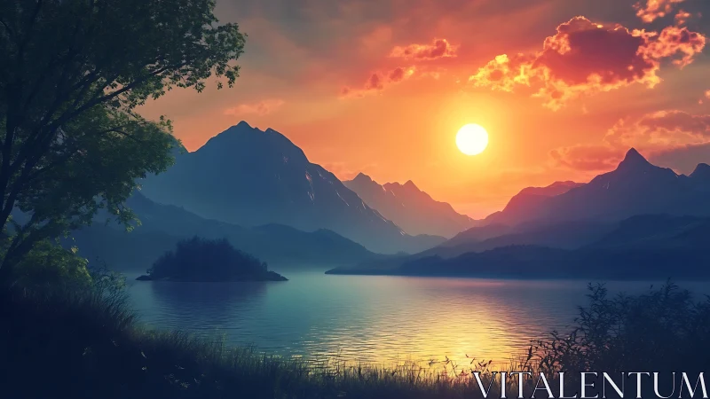 Radiant alpine lake sunset with volumetric atmospheric gradients.