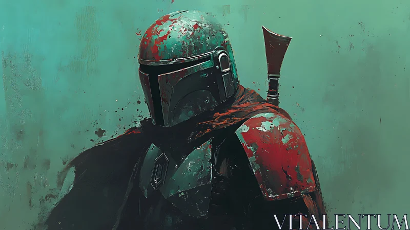 Digital painting of armored bounty hunter in teal field backdrop.