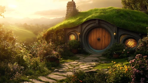 Grass-roofed hillside dwelling with round wooden doorway.