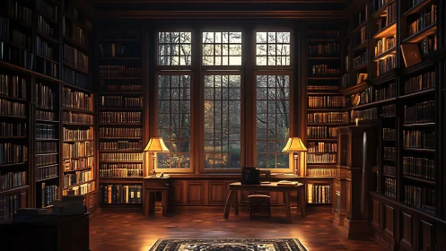 Sunlit library study room with tall shelves and desk