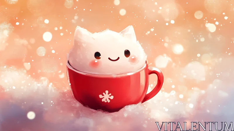 Cute Cat in Red Mug Surrounded by Snow