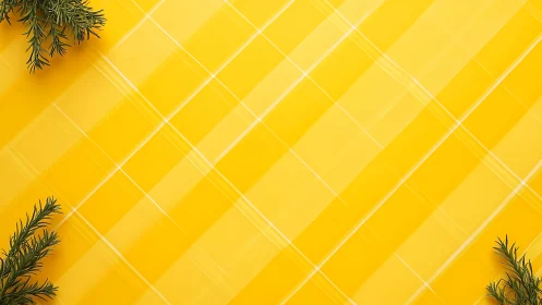Yellow diagonal grid background with green conifer branches