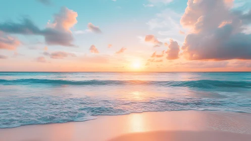 Soft pastel sunrise over calm ocean shoreline horizon.