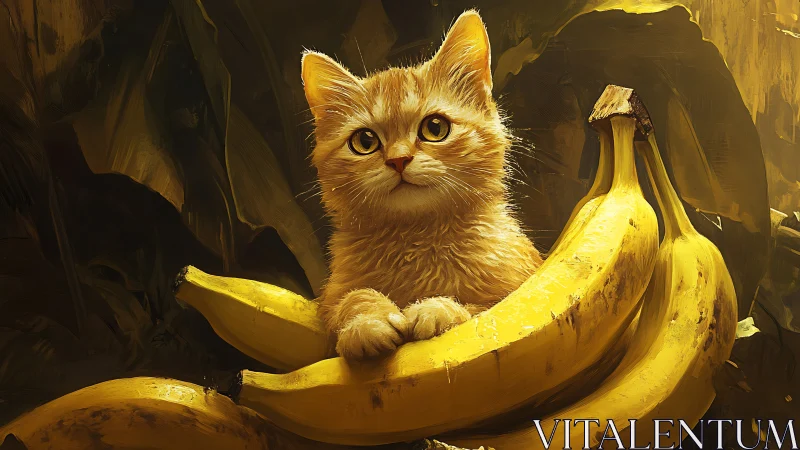Feline Creature Clutches Golden Bananas in Warm Chiaroscuro Setting