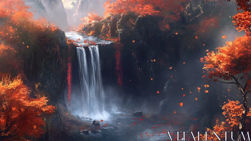 Waterfall in dense red autumn forest with misty gorge.