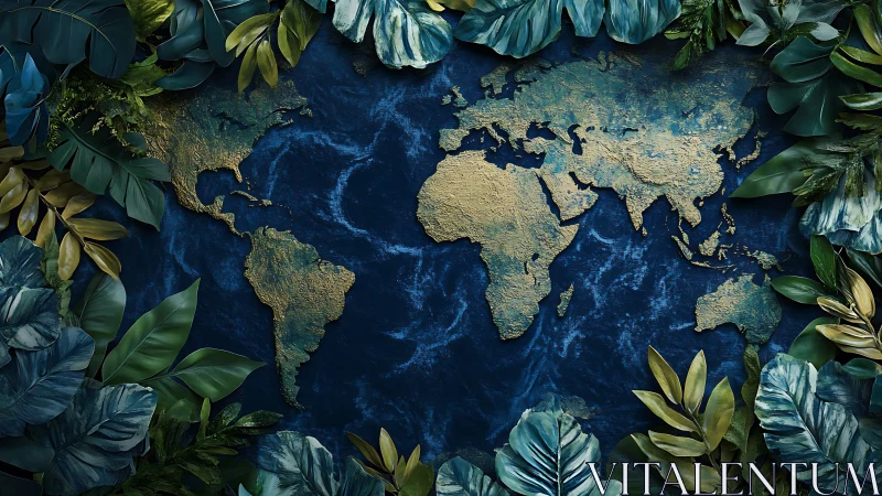 World map relief surrounded by dense tropical foliage